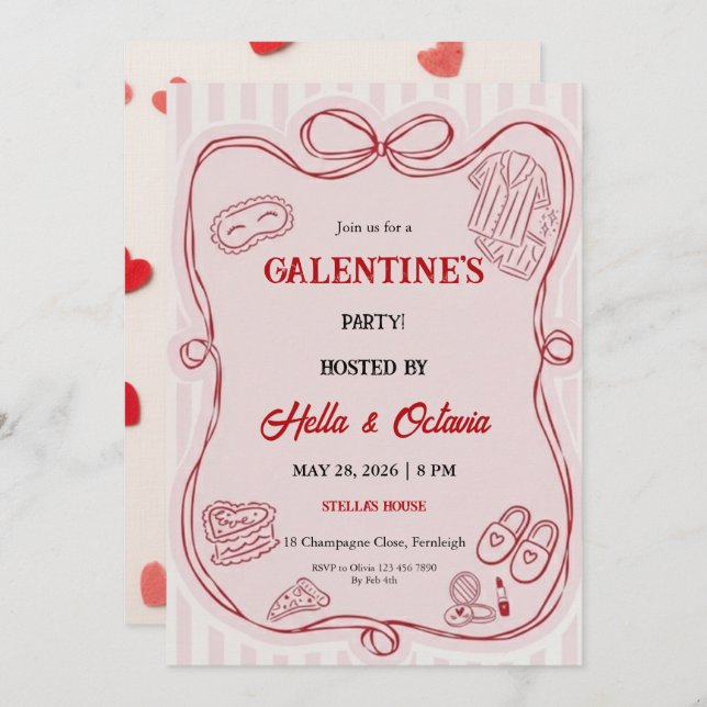 Convite Galentine’s Party Invitation Printable, Pink & Red (Frente/Verso)