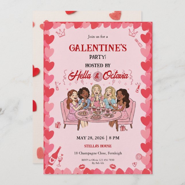 Convite Galentine’s Party Invitation Printable, Pink & Red (Frente/Verso)