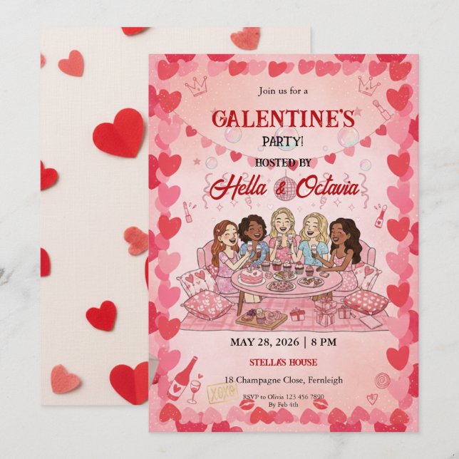 Convite Galentine’s Party Invitation Printable, Pink & Red (Frente/Verso)