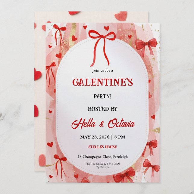 Convite Galentine’s Party Invitation Printable, Pink & Red (Frente/Verso)