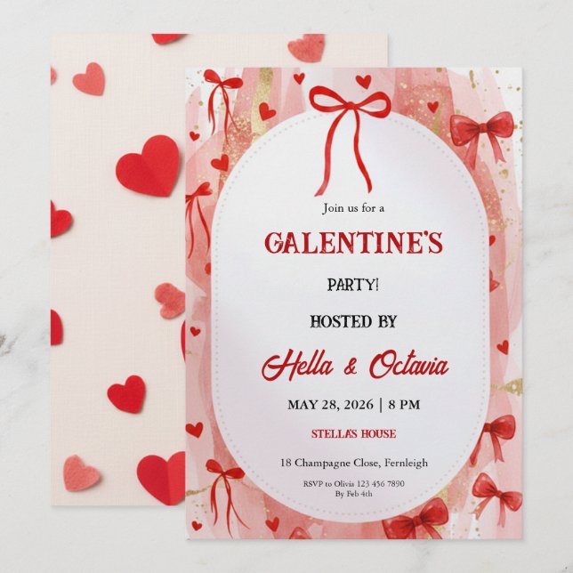 Convite Galentine’s Party Invitation Printable, Pink & Red (Frente/Verso)