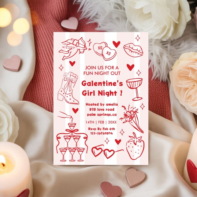 Convite Galentine’s Party, Night Valentine Hand Drawn  (Criador carregado)