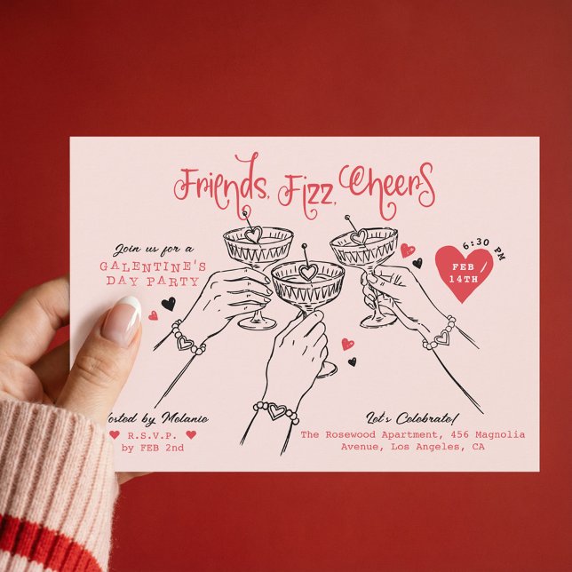 Convite Galentine’s Pink Red Hand Drawn Cocktail Party (Galentine’s Pink Red Hand Drawn Cocktail Party Invitation)
