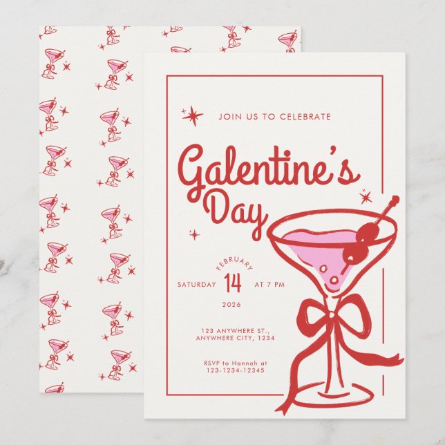 Convite Galentine's Day Coquetel Laço Vermelho Cre (Frente/Verso)