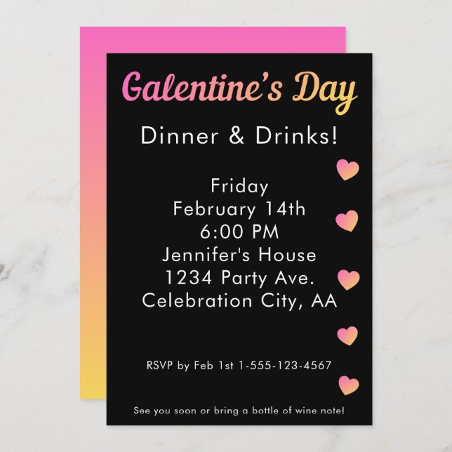Convite Galentines Day Dinner Drinks Pink Black Party (Frente/Verso)