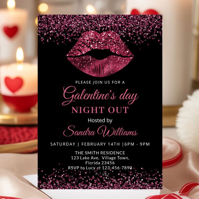 Convite Galentine's Day Night Out Burgundy Lipstick (Burgundy Glitter Lipstick Galentine's day party invitation)
