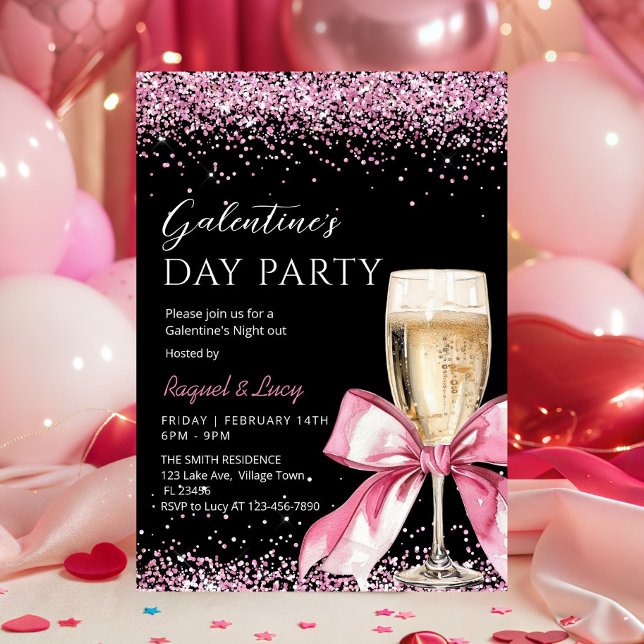 Convite Galentine's Day Party Champagne Pink Coquette (Pink coquette bow champagne Galentine's Day Party invitation)