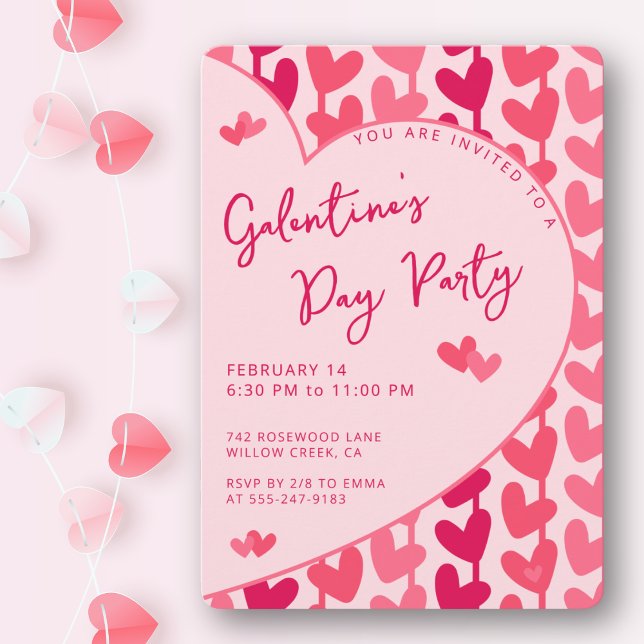 Convite Galentine's Day Party Red Pink Hearts Modern  (Bold pink & red for the perfect girls’ night. Fully customizable party details.)