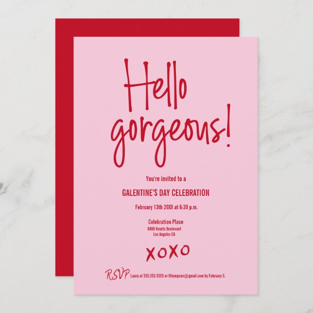 Convite Galentine's Day PINK RED Hello gorgeous XOXO (Frente/Verso)