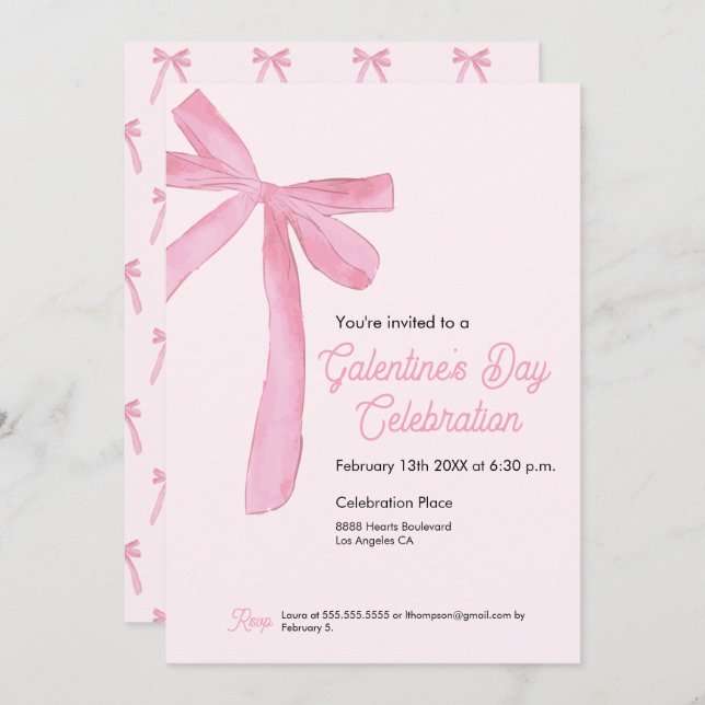 Convite Galentine's day Pink Ribbon Bow Girly modern (Frente/Verso)