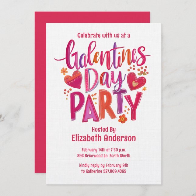 Convite Galentines Day Red hand drawn Party Invitation (Frente/Verso)