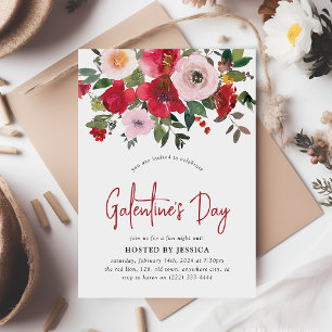 Convite Galentines Floral Rosa e Vermelho Feminino