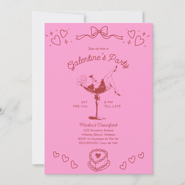 Convite Galentines Girls Night Party Hand Drawn Pink Red  (Frente)