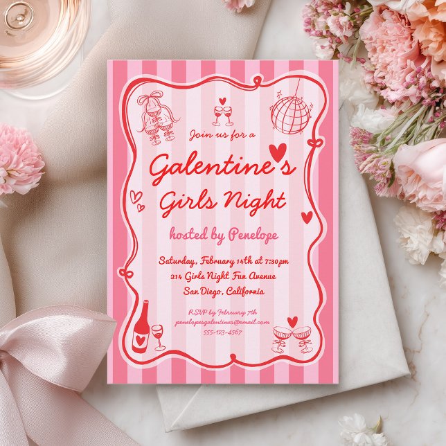 Convite Galentine's Girls Night Pink Red Hand Drawn Party (Criador carregado)