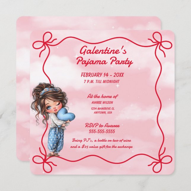 Convite Galentine's Pajama Party Invitation (Frente/Verso)