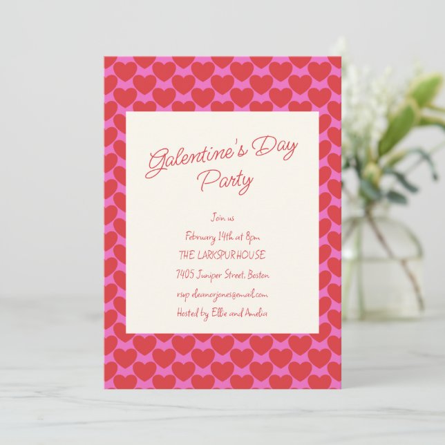 Convite Galentine's Party Pink and Red Heart Valentine (Em pé/Frente)