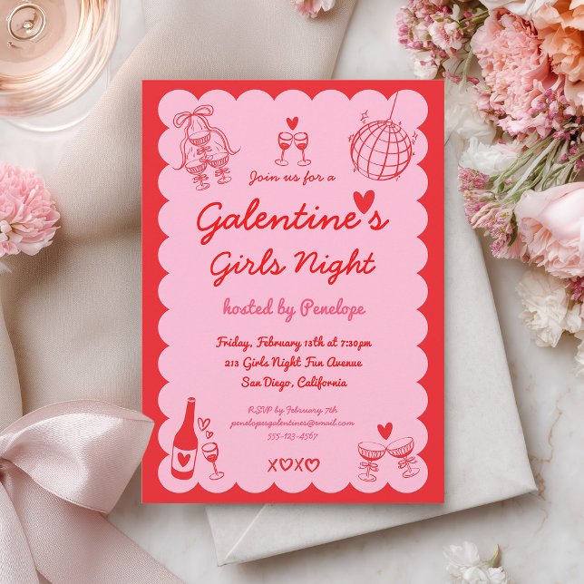 Convite Galentine's Pink Red Hand Drawn Girls Night Party (Criador carregado)