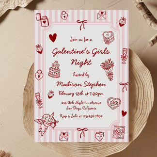 Convite Galentine's Pink Red Hand Drawn Girls Night Party