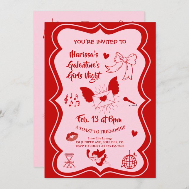 Convite Galentine's Pink Red Hand Drawn Night Party (Frente/Verso)