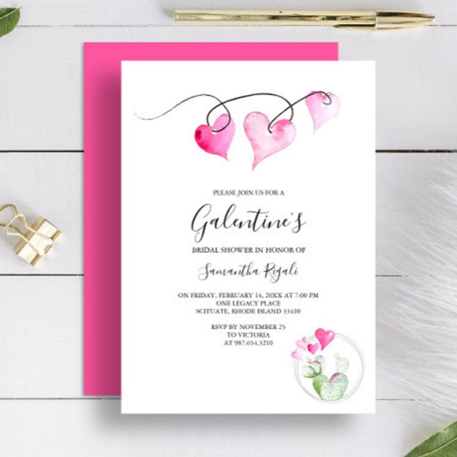 Convite Galentines Themed Chá de panela (Bridal shower invitation for Valentine's Day features watercolor pink hearts and cactus Victoria )