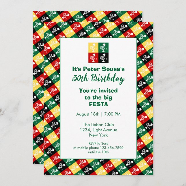 Convite Galeria Portuguesa de Festas de aniversário de Bar (Frente/Verso)