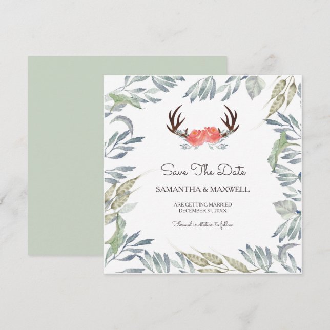 Convite Galhos de Veado & Verde Save The Date, Flor de Pês (Frente/Verso)