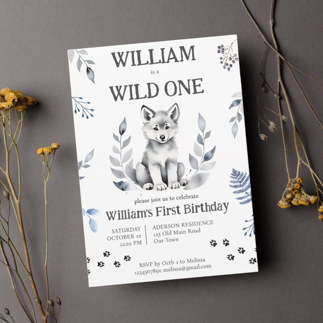 Convite Galinha-do-mato-pombo-branco festa de aniversário  (Wild one cute wolf pup birthday template invitation instant download)