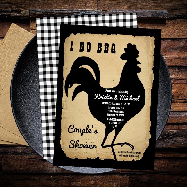 Convite Galinha Rustic Country Eu Faço Chá CHURRASCO Casal (Rustic Country Rooster Chicken BBQ Couple's Shower Invitation)