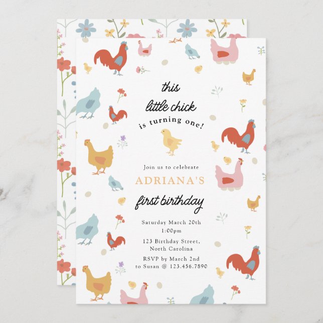 Convite Galinhas Bonitas e Garota Pintinho Primeiro Aniver (Frente/Verso)