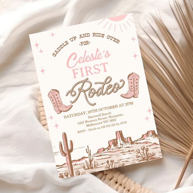 Convite Galinhas Rosa Castanho Boot Primeiro primeiro aniv (First Rodeo Birthday Invitation Card, Cowgirl 1st Birthday Invitation Rodeo Template, Pink Western)