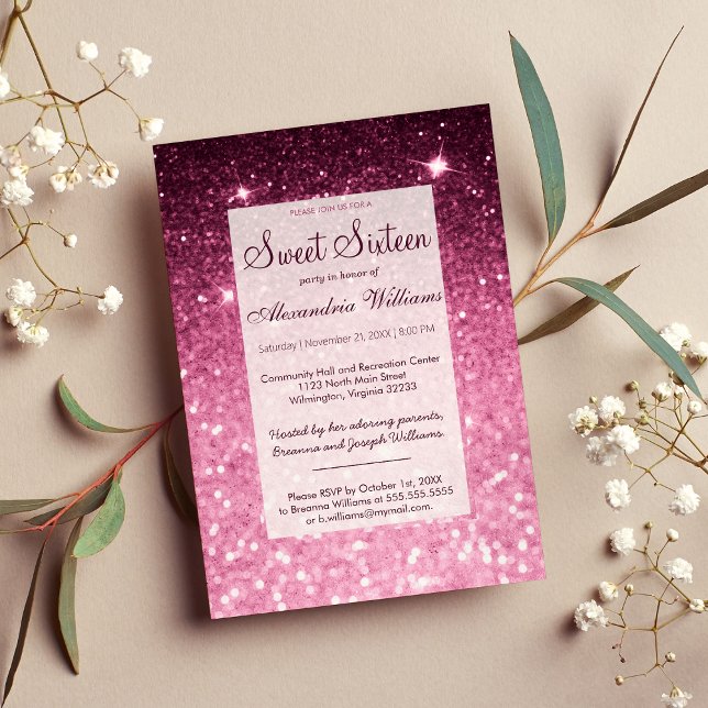 Convite Galm girly pink burgunter bokeh Sweet 16 (Galm girly pink burgundy glitter bokeh Sweet 16 Invitation )