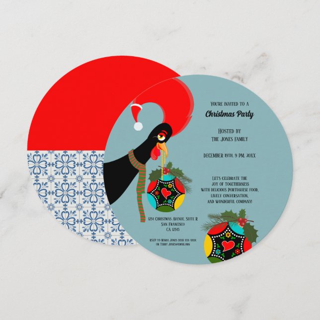 Convite Galo Português enfeite de Natal de azevinho (Frente/Verso)
