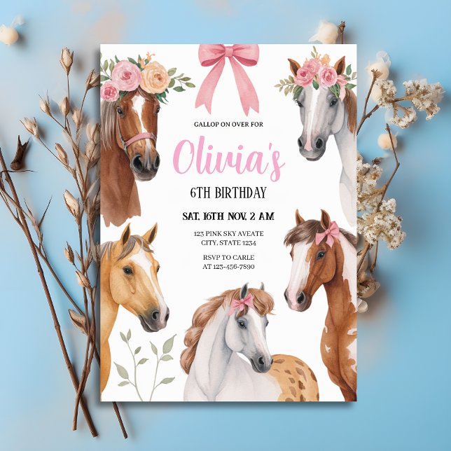 Convite Galopem Florais Cavalos e Arcos de Aniversário (Gallop On Over Floral Horses & Bows Birthday Invitation
)