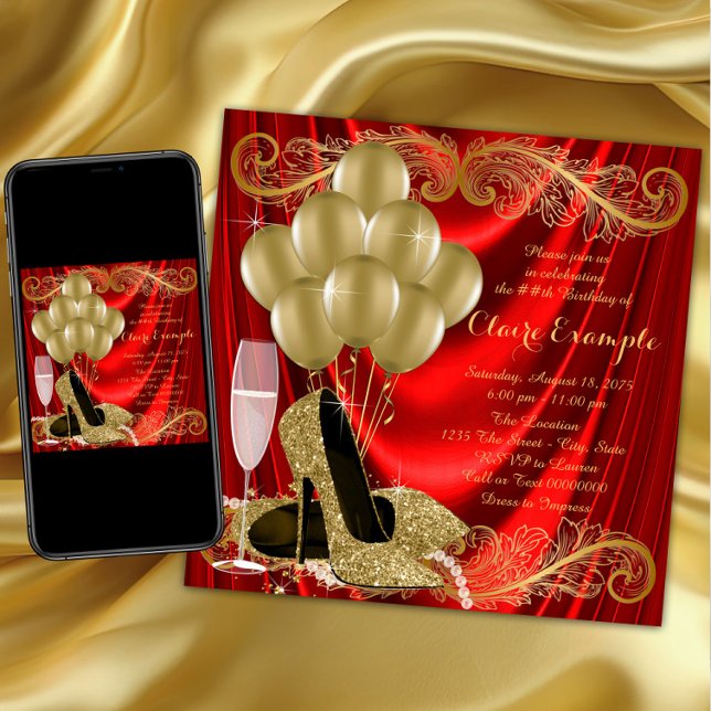Convite Gama de Festas de aniversário Vermelha e Dourada (Womans red and gold birthday party invitation with gold high heel shoes, pearls and balloons.)