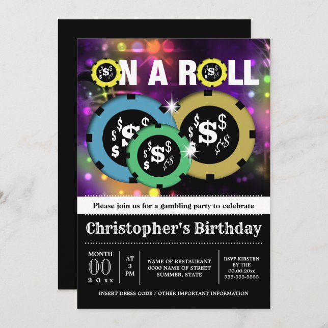 Convite Gambling roulette chips vegas party disco (Frente/Verso)