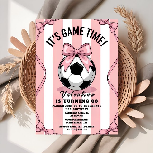 Convite Game Day Girl Soccer Pink Bow (Criador carregado)