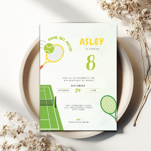 Convite Game, Set, Match Tennis Party Trendy 8th Birthday (Tennis Themed 8th birthday invitation for boys and girls)