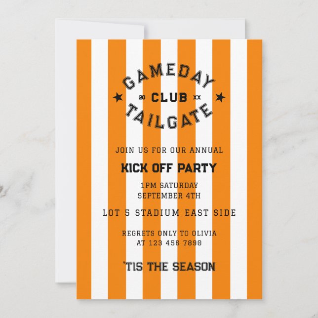Convite Gameday Tailgate Club Kick Off Party Orange Team (Frente)