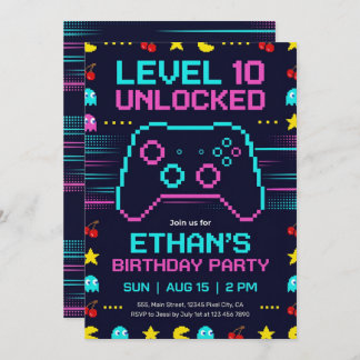 Convite Gamer Birthday Invitation  Pixel Video Game Party
