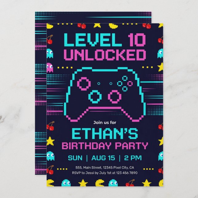 Convite Gamer Birthday Invitation  Pixel Video Game Party (Frente/Verso)