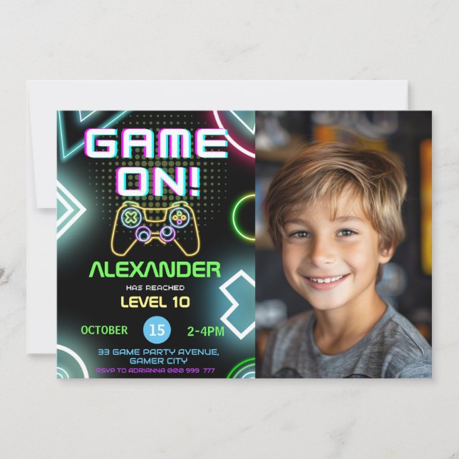 Convite Gamer Boy 10th Neon Gaming Birthday Foto de Aniver (Frente)