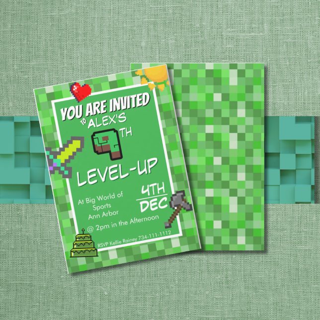 Convite Gamer's Birthday Invitation Green Pixels (Criador carregado)