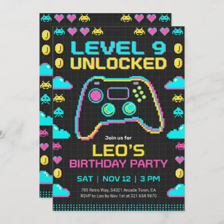 Convite Gaming Birthday Invitation Retro Pixel Gamer