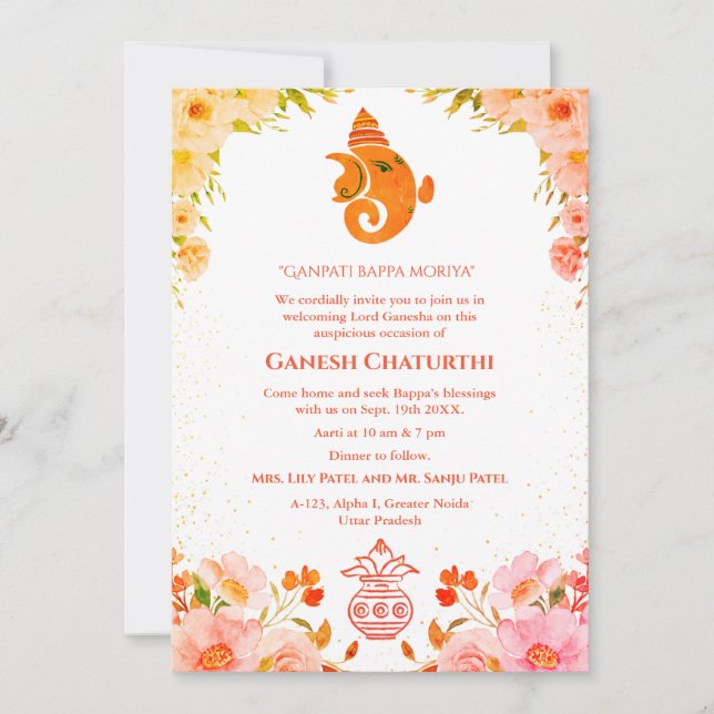 Convite Ganesh Chaturthi Puja Floral (Frente)
