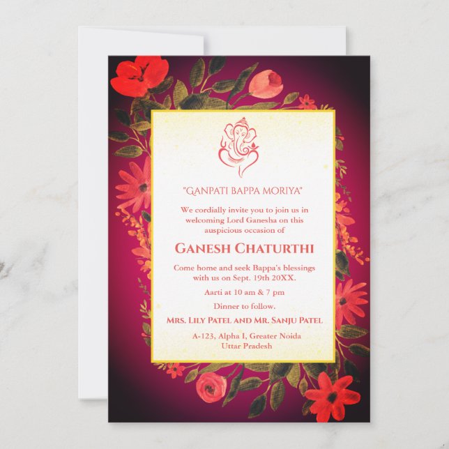 Convite Ganesh Chaturthi Puja Floral (Frente)