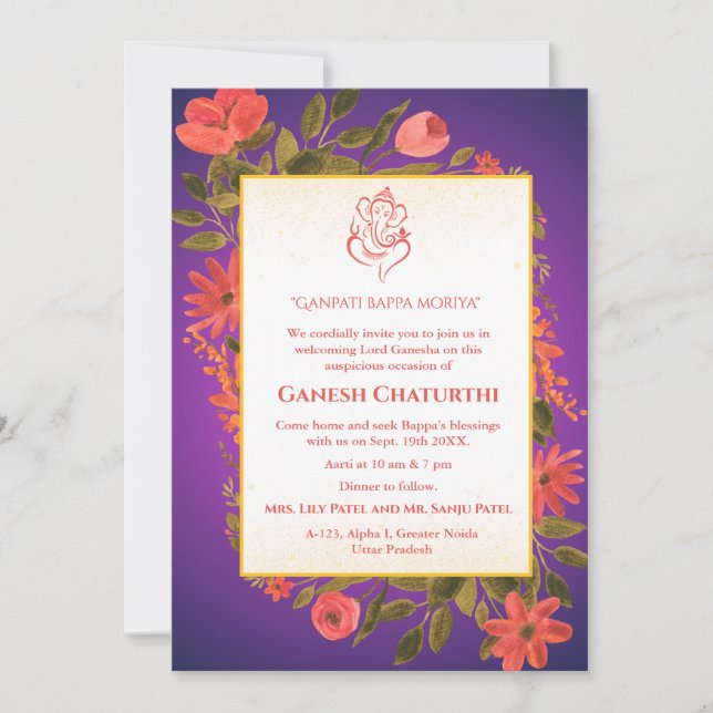 Convite Ganesh Chaturthi Puja Floral (Frente)