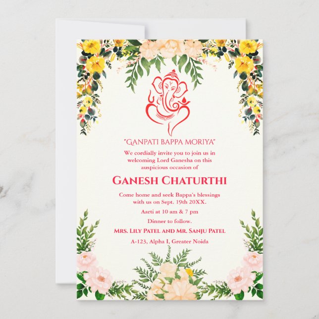 Convite Ganesh Chaturthi Puja Floral (Frente)