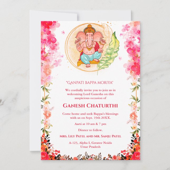 Convite Ganesh Chaturthi Puja Floral (Frente)