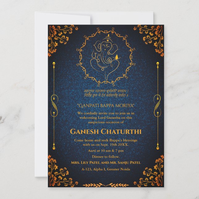 Convite Ganesh Chaturthi Puja Glitter e Dourado (Frente)