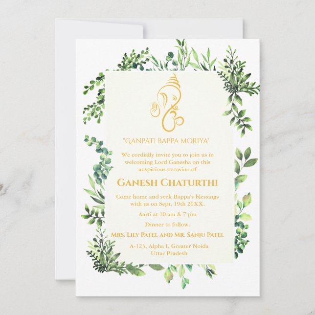 Convite Ganesh Chaturthi Puja - Leafy Tropical Mínima (Frente)